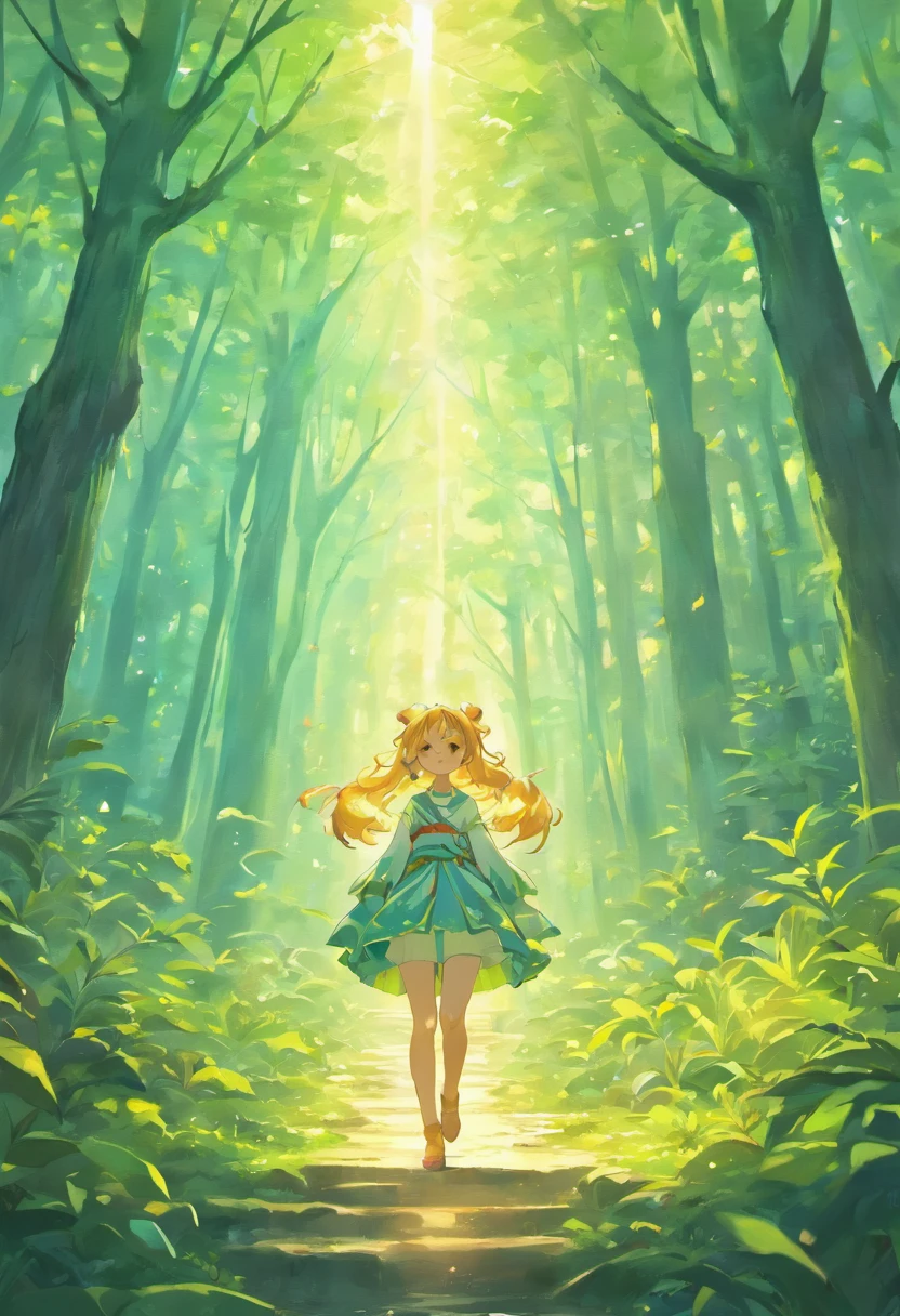 A beautiful forest with lush trees, Animals of all kinds and a magical clearing in the center, Where the animals gather. The sun shines softly over the scenery. No centro um coelho fofo branco, macio, sentado