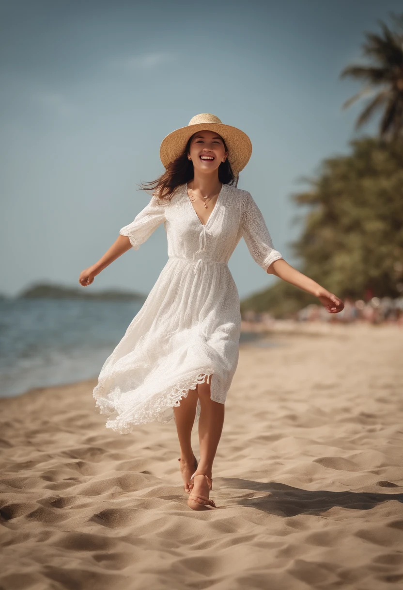 In the strong summer sun、A girl in a white dress with a straw hat is running cheerfully on the beach、