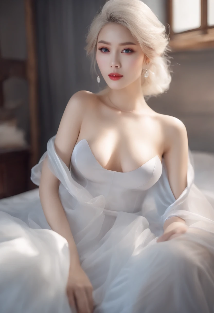(top-quality、8k)、Very young beauty、Full body, Nude , Stunning white-haired goddess, Ultra-fine depiction、The tips of the breasts are protruding、The shape of the vagina area is clearly visible、legs wide open、((layers-Cut、huge tit:1.2))、Laying on bed, No clothes, No covering with hands, White-skinned、Blue eyes