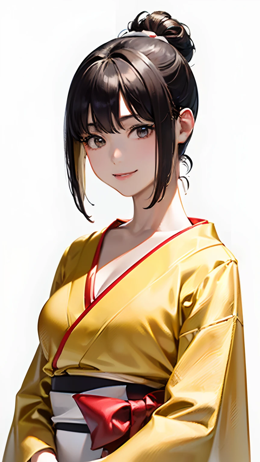 (top-quality, 8K, 32K, ​masterpiece, nffsw:1.2), (Raw photography), (realisitic), (Photorealsitic:1.2), (hight resolution), ultra-detailliert, extremely beautiful face and eyes, 1girl in, round small face,(((shorth hair)))、 (((short-hair)))、big breasts thin waist、(((Grey and white camisole)))、(((Short hair)))、(((tiny chest)))、((She wears a yellow kimono))、(((White wall background)))、slim proportions, (Red and yellow kimono), (bustshot)、(((A dark-haired)))、(((They are dressed in yellow and red kimonos)))、(((Black hair color)))、(((Wear a kimono with a red design on a yellow background)))、Smirking expression、(a closeup、top-quality、high detailing、rich skin detail、nffsw)、(Best Quality, 8K, Oil Painting, masutepiece:1.2), Ultra-detailed, (Realistic, Photorealistic:1.37), (((FULL BODYSHOT)))、Vibrant colors, (((Pitch black hair)))、(((Sexy atmosphere)))、(((a 20 yo woman)))、(((index finger on the side of the face)))、((cleavage of the breast))、(((Naughty look)))、((Bust is C cup))、(((short-hair)))、(((long)))、(((White background))), (((kindly smile)))、(((cleavage of the breast)))、(((Girly Hairstyles)))、(((short-hair)))、(((In front of a white wall)))、(((Black hair)))、(((A smile)))、(((Beautiful face)))、(((The girth of the chest is 85 cm)))、(((small tits