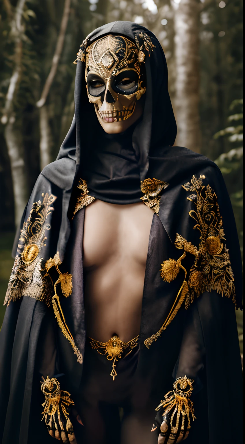 (Centerpiece : 1.2), Retro Mysterious, of mesmerizing beauty, Colorful Detailed Skeleton Golden Ox Skull Mask, longue cape fluide, gold-embroidered designs, plumes, soie, Drape, Small Etam Style Embroidered Lingerie, dimly lit, Gloomy lighting, Forest décor