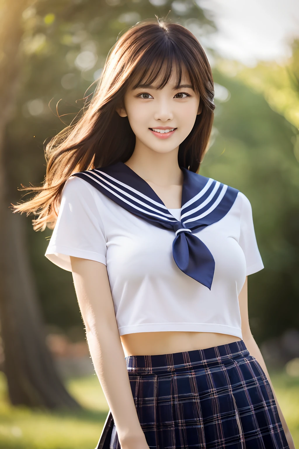 8K raw photo, Best quality, masterpiece, ultra high res, 3d, realistic, 1girl, asian, black_hair, black_sailor_collar, long_hair, nose, school_uniform, neckerchief, natural skin texture, light brown_eye, detailed eyes and face, lips, lipstick, smile, teeth, beautiful legs, enormous breasts, beautiful nature location, (detailed background), plaid skirt, white shirt, enormous breast, blurry background, short sleeves