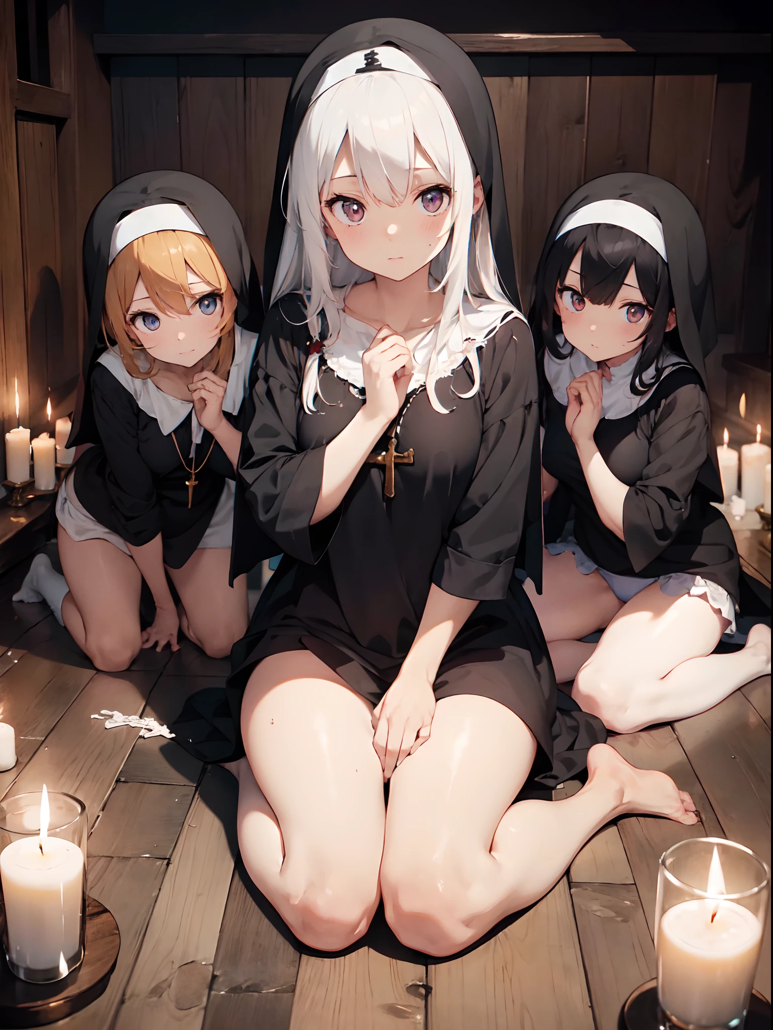 3 Nun (of white panties oozing liquid) e uma vampira, na cama, Candles and water on the ground, cabelo longo, cruz grande no colo, meia branca, sem sapato, Praying with rosary on the floor, Anime style in high resolution