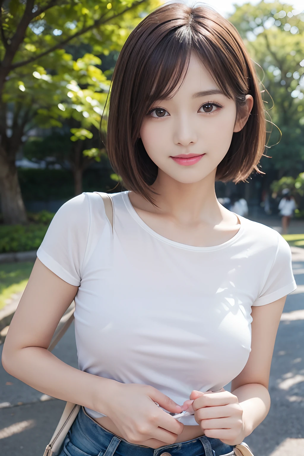 Cute 21 years old Japan、a park、Super Detail Face、Eye of Detail、二重まぶた、beautiful thin nose、foco nítido:1.2、prety woman:1.4、(light brown hair,short-haired、),fair white skin、 C cup breasts、top-quality、masterpiece、超A high resolution、(Photorealsitic:1.4)、Highly detailed and professional lighting smile、tshirts、