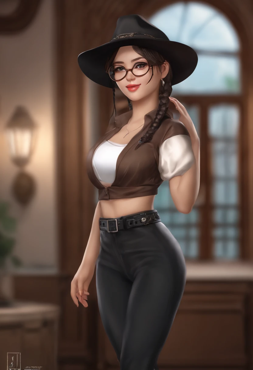 master part, CG de alta qualidade, anime, illustration, best quality, 1girl, limite, slavery, beautiful face, Rosto detalhado, cowboy shot, Dokkaebi, 1girl, sozinho, Olhando para o Viewer,  cabelos pretos, pigtail, glasses, luvas pretas, belt, Pants, olhos negros, twin braids, cabelos estriados, black headwear, Bodysuit, black pants, Round Eyewear, Bodysuit preto, gorro, hair behind ear,