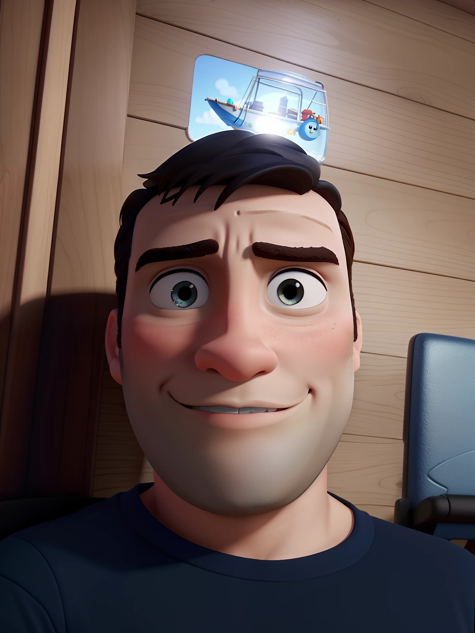 homem no estilo Disney Pixar com um barco ao fundo