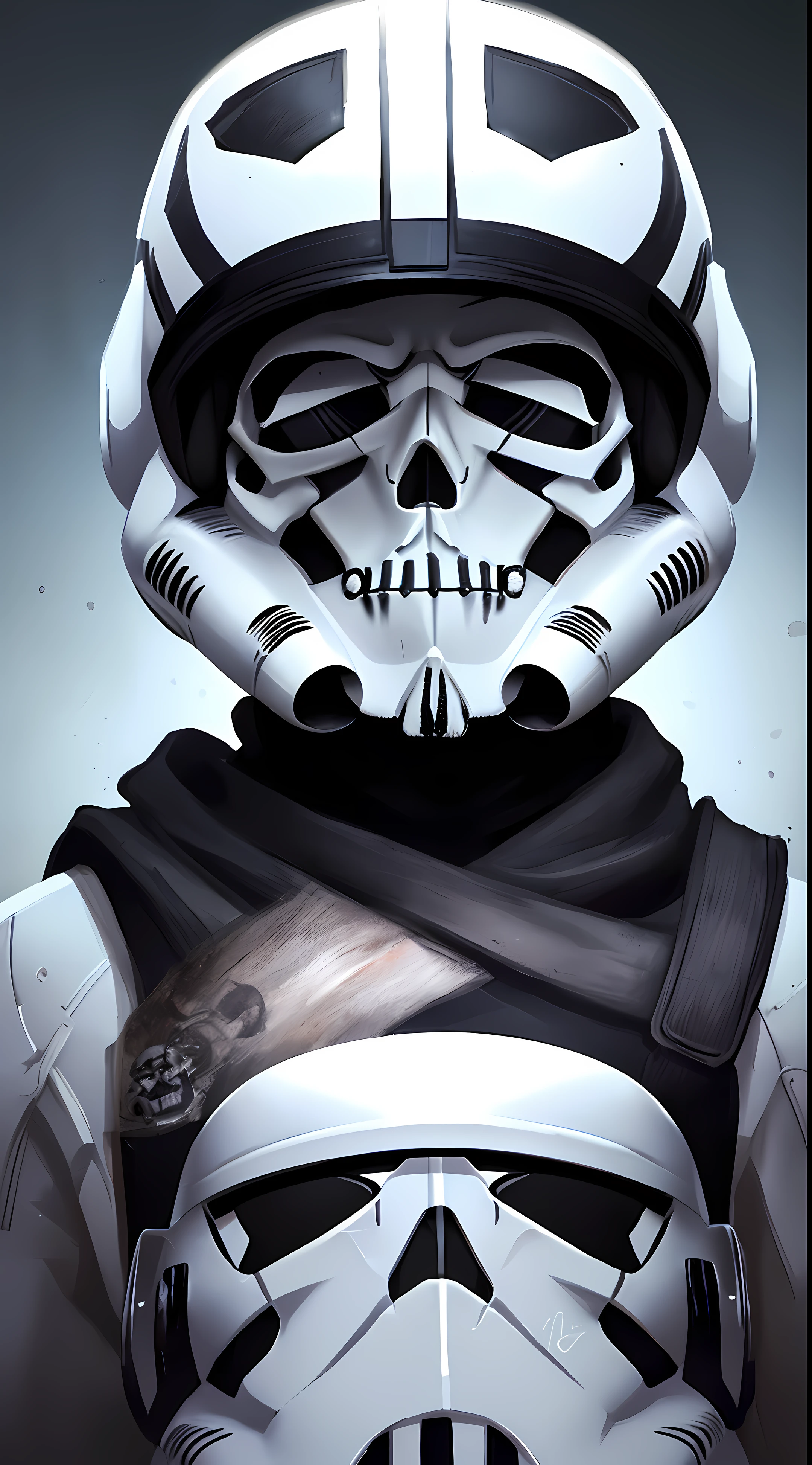 Storm trooper with their helmet painted like a day of the dead skull, highly detailed, paint splatters I. The background, atmospheric lighting, 8k