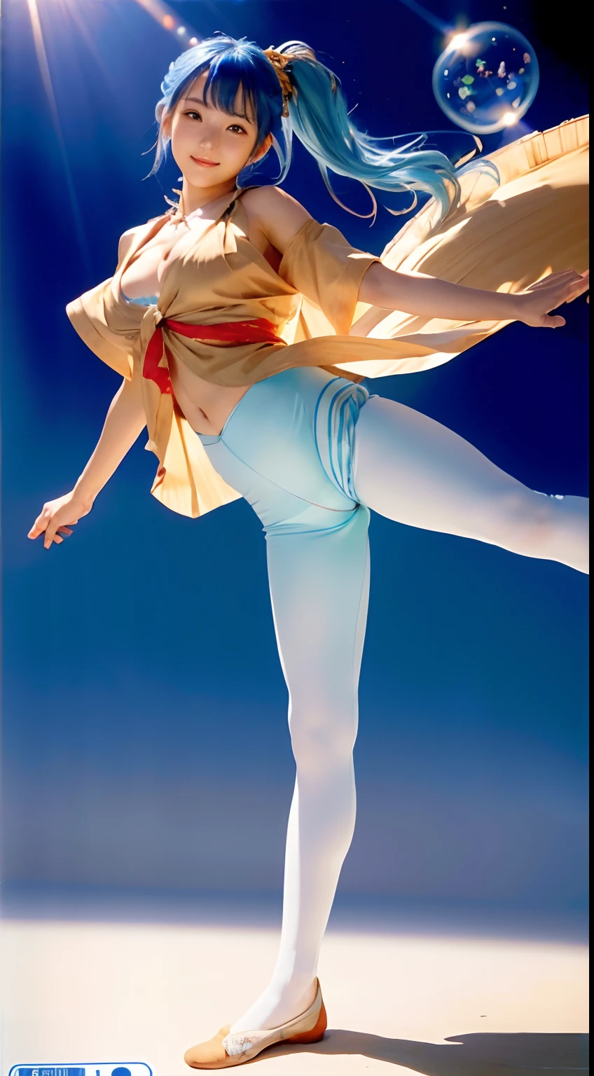 (masterpiece), (best quality), (ultra detailed),(disheveled hair),(illustration), (1girl),japnese idol,smile, (full body tights:1.3),(open chest:1.4),Fashion model, looking at viewer, (interview),Mike stand (idol stage),beautiful detailed eyes, delicate beautiful face, Floating,(high saturation),(colorful splashes),colorful bubble,(shining), focus on face,  ponytail, kamisato ayaka, light blue hair, bangs, hair ring, floating flowers, floating hairs, (shining), best lighting, best shadow,(camel toe:1.2),show off camel toe,standing,spread legs