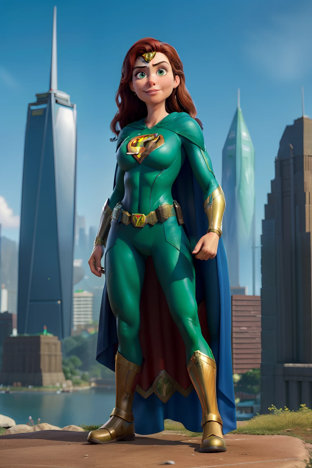 masterpiece, best quality, female superhero, superheroine, supermarket, promotion, hero, power, strength, courage, justice, vigilante, action, adventure, superpowers, green cape, green outfit, E symbol on the chest, about -human, protector, savior, Skyline, city, Victory, , Fantasy, Courageous, Dynamic, Fearless, Iconic, Powerful, Battle, Epic, Superhero team, Heroic deeds, Defense, Justice League.