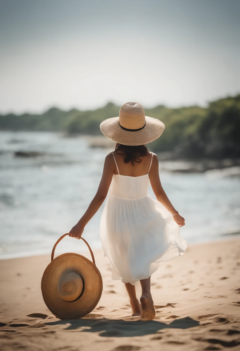 An influencer is exploring a picturesque beach, dressed in a flowing sundress and wide-brimmed hat. She walks barefoot along the shore, with the waves gently lapping at her feet. The sun is setting, casting a golden glow over the scene and highlighting her carefree smile. She carries a woven straw bag, perfect for a day at the beach. The background features the expansive ocean and a clear sky, creating a serene and tranquil atmosphere. She is sharing her travel adventures, capturing the beauty of the moment for her audience.