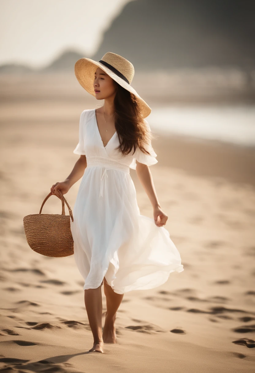 In the strong summer sun、A girl in a white dress and a straw hat is walking on the beach。