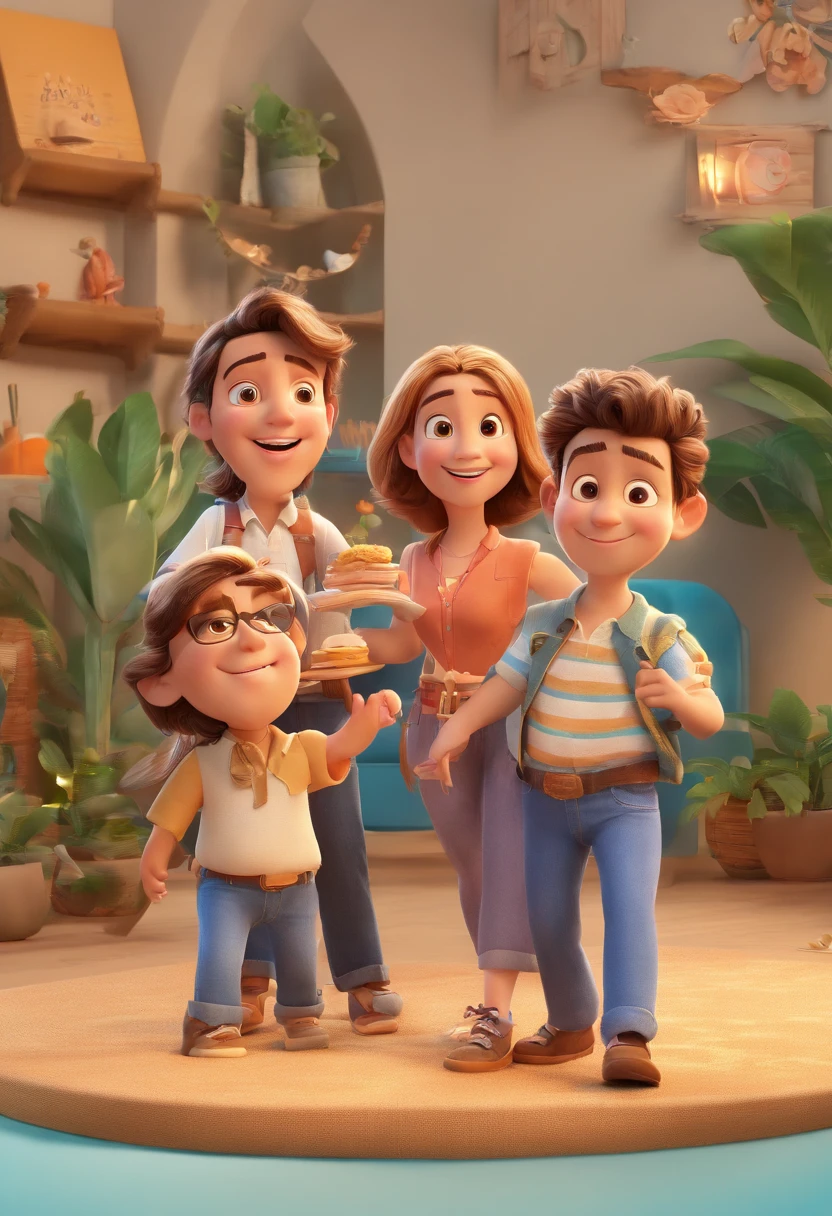 Cartoon of friends having fun on vacation together,  3D Animation Movie Poster, Poster de filme animado, pixar 3 d animation style, pixar renderman rendering, maia 8 mil, animated film, Disney Pixar Estilo 3D, amigos felizes saem juntos, all wearing light blue shirts and cream brown long pants, camisa azul clara, cream brown pants, ao ar livre, vacation, Disney Pixar Animation Poster