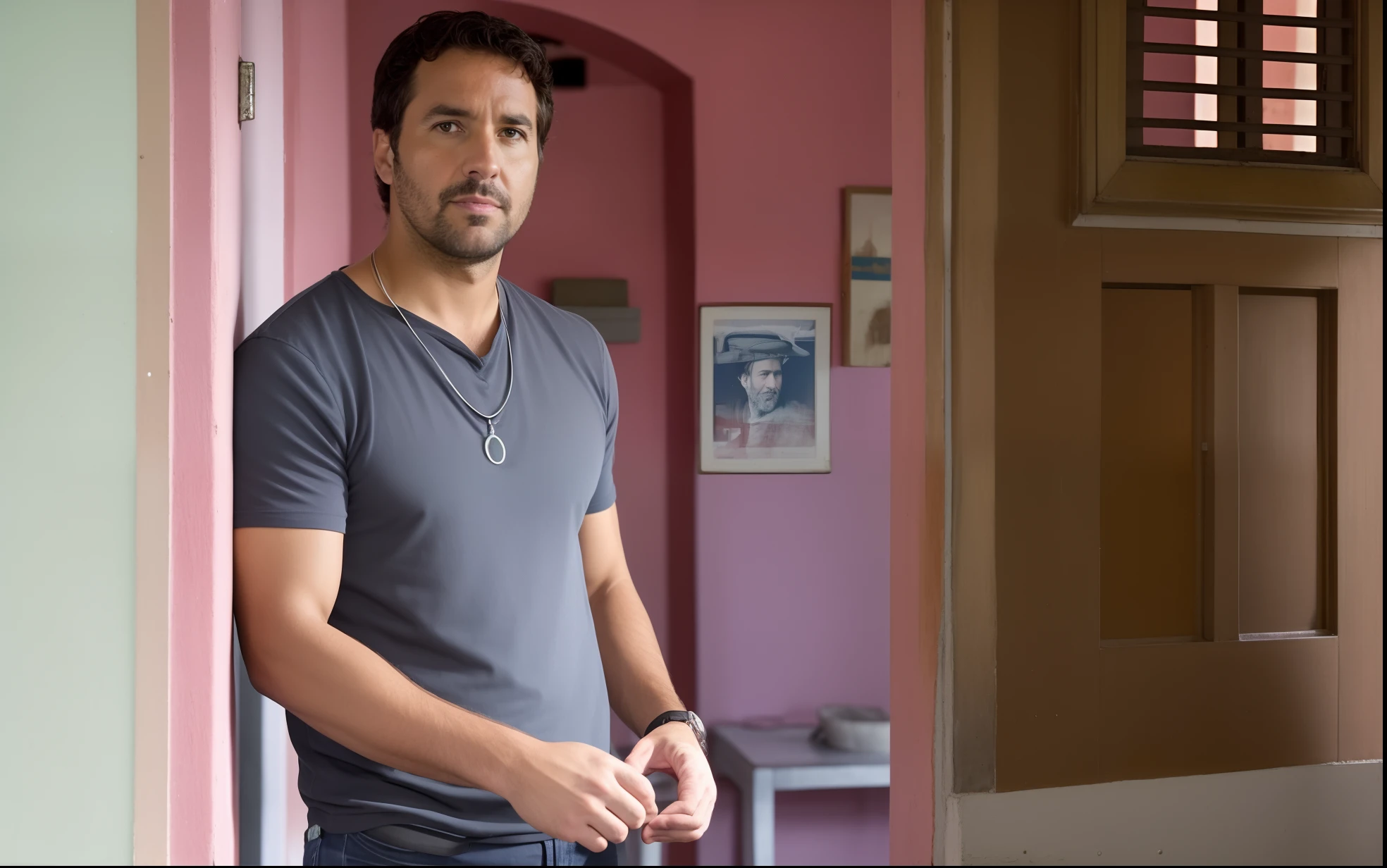 There's a man standing in a doorway with a watch on his wrist, Marcadores, fan favorite, Marcos Eduardo Fischbach, Fevereiro), meio tiro de um hunky, Denis Villeneuve filme ainda, Imagem promocional, Denis Villeneuve filme olhar, TV ainda, imagem de alta qualidade, programa de tv ainda, production still, Filmado do filme, fim de uma era