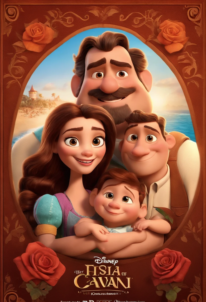 a Disney Pixar movie poster showing a white-skinned family. The father is the tallest, Tem barba curta, loiro, cabelos curtos e espinhosos. The mother has brown eyes and hair, shoulder-length and is slightly overweight. A menina tem 4 anos e cabelos castanhos, roupa rosa e rabos de cavalo. The background is a beach garden. 3D-rendering
