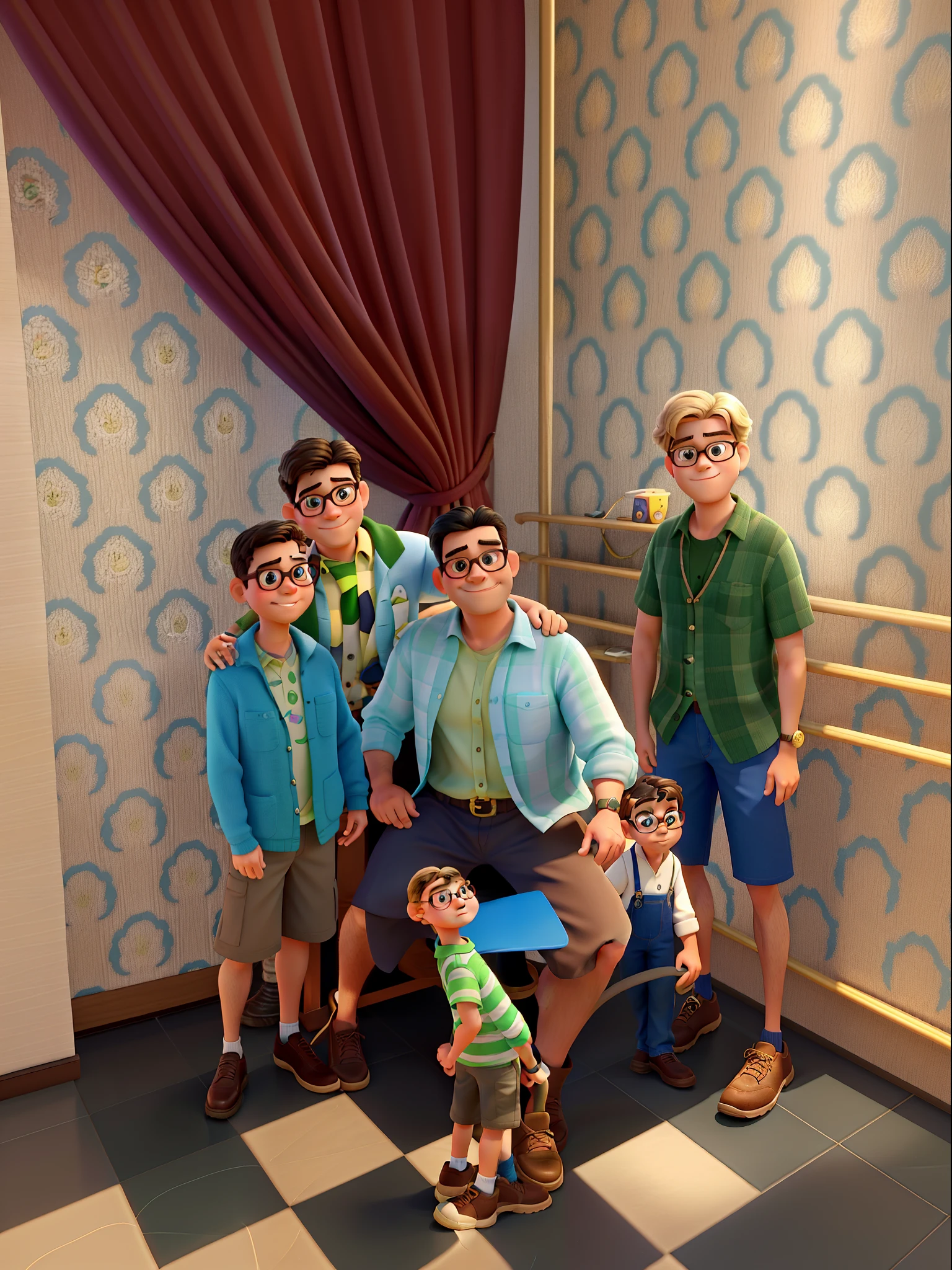 uma familia disney pixar, alta qualidade, Best quality photo of a father with his three children(meninos).The child standing to the right of the father , It's the only one who wears a round pair of glasses, do lado esquerdo, He is blond and wears a gold cord, And the in the back is wearing a green and black striped blouse
