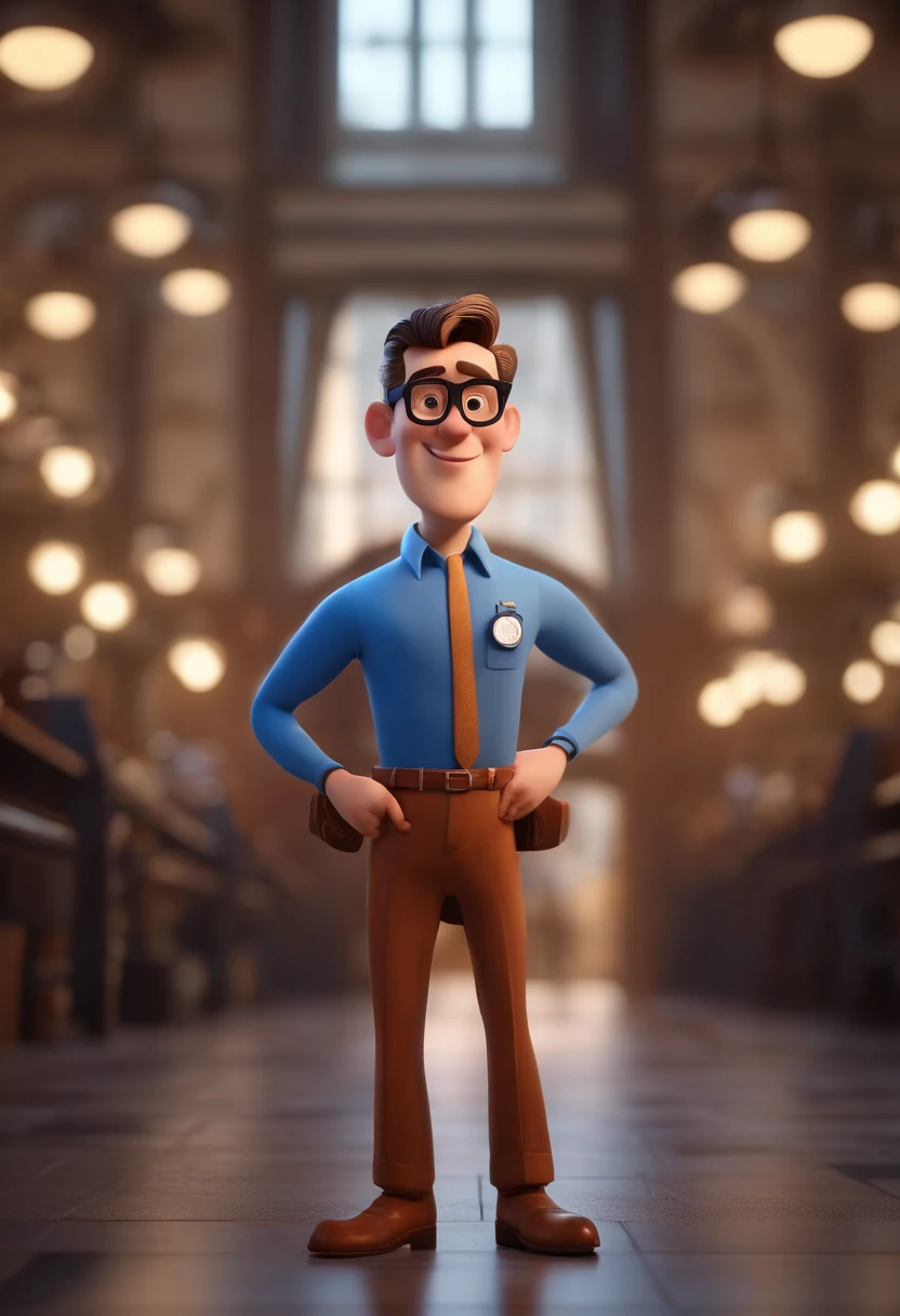 Cartoon character of a man with black glasses and a blue shirt, animation character, Caractere estilizado, animation style rendering, 3D estilizado, Arnold Maya render, 3 d render stylized, toon render keyshot, Personagem 3D, Personagem 3D, 3d rendering stylized, 3 d character render, personagem de desenho animado, Personagem de close up, Pose de personagem, (Estilo Pixar) (master part:1.2) (Bokeh) (best quality) (pele detalhada) (textura detalhada) (8k) (argila) (Cinematic lighting) (foco nítido