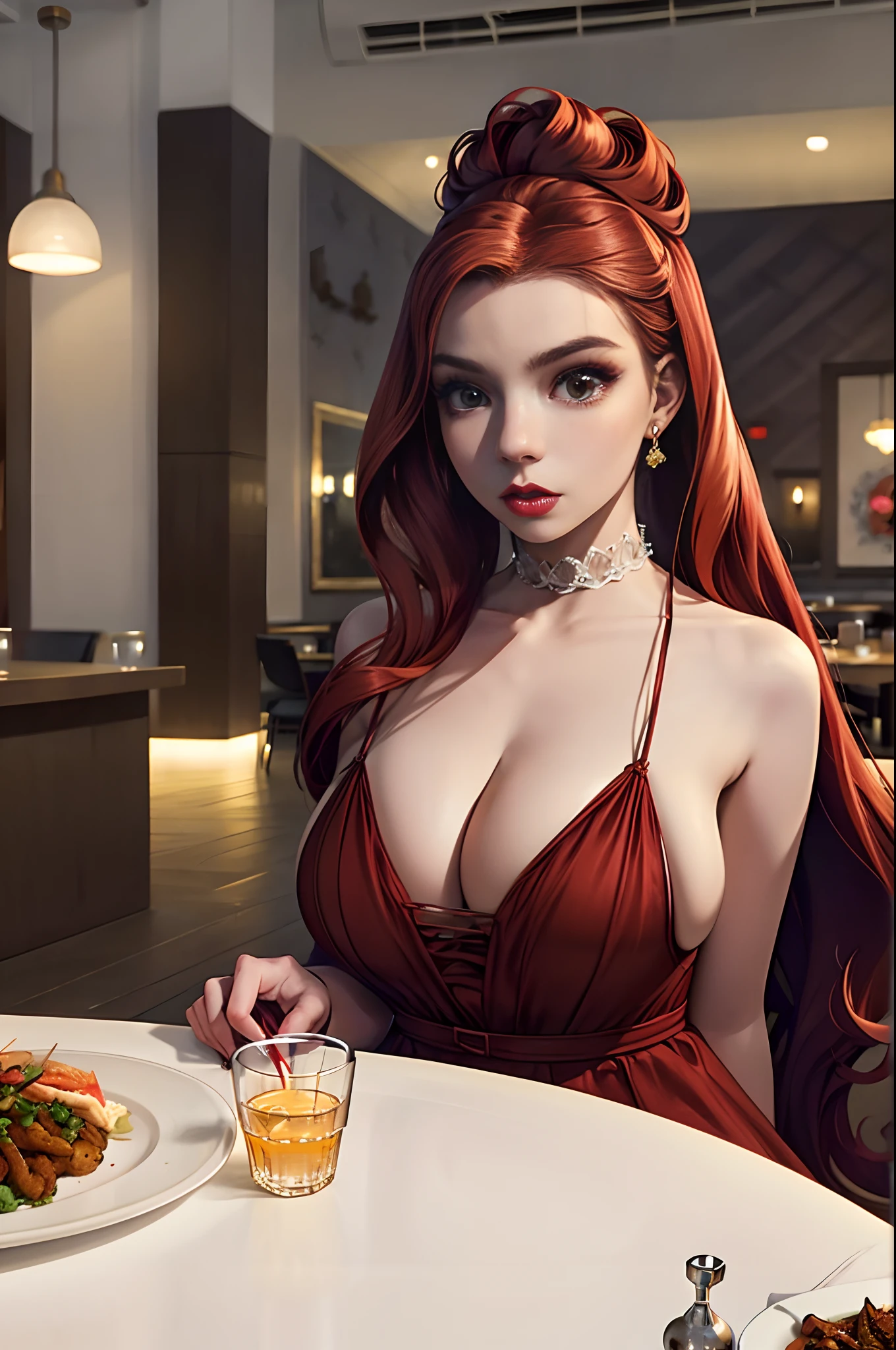 Masterpiece, realistic, detailed, studio lighting, Anya Taylor-Joy, long red hair, red luscious lips, at fancy restaurant, customers eating at restaurant in background, sitting at table, table full of food,eating food, wearing long red dress, wearing choker, sexy pose, big breasts, (big breasts:1.5), cleavage, chubby belly,