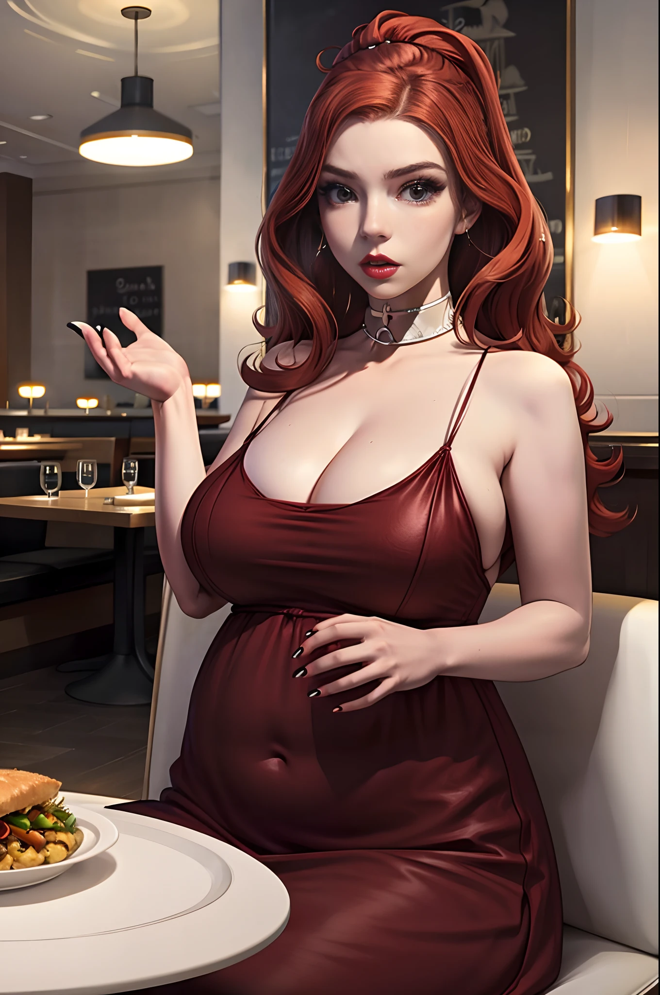 Masterpiece, realistic, detailed, studio lighting, Anya Taylor-Joy, long red hair, red luscious lips, at fancy restaurant, customers eating at restaurant in background, sitting at table, table full of food,eating food, wearing long red dress, wearing choker, sexy pose, big breasts, (big breasts:1.5), cleavage, chubby belly,