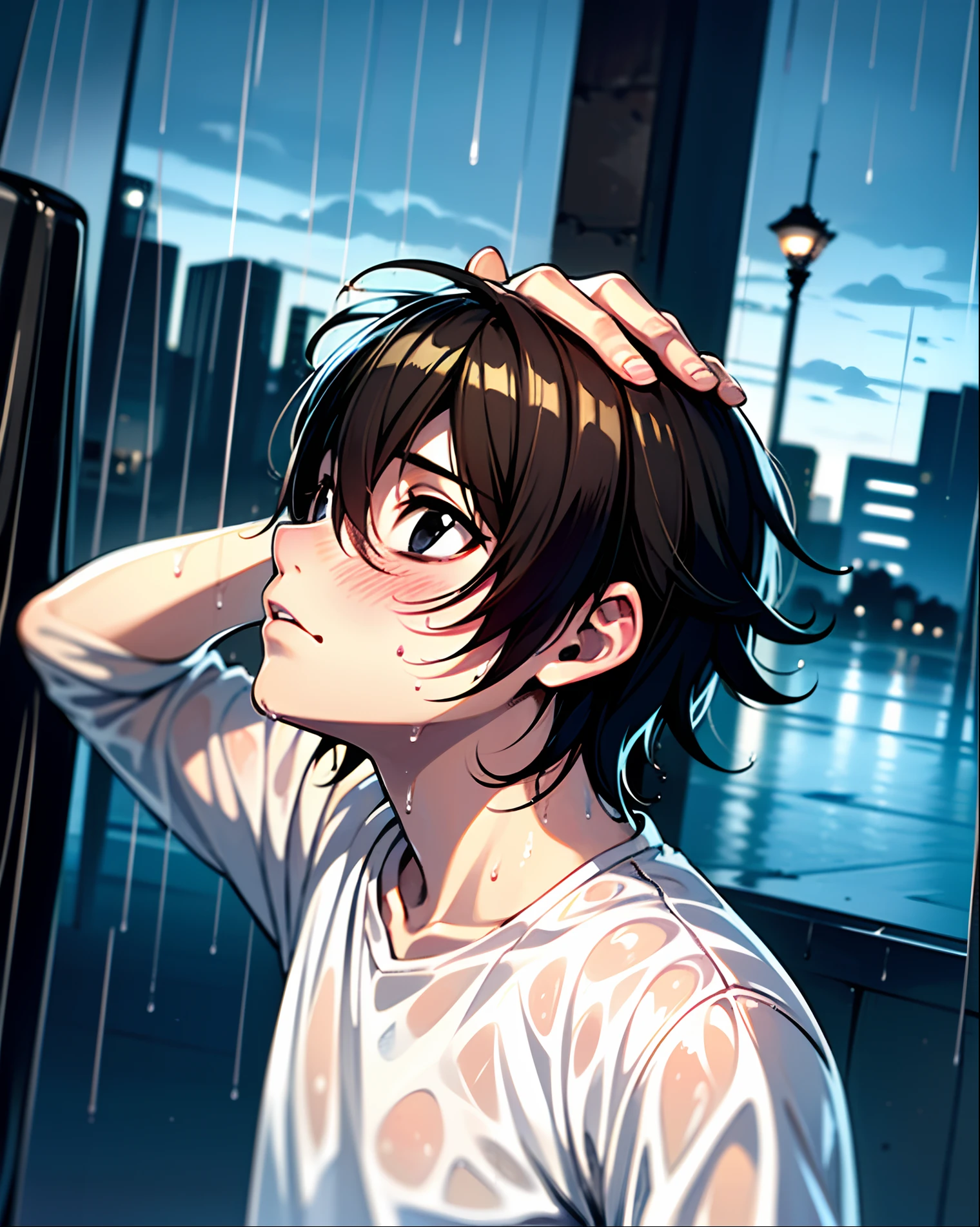 (masterpiece,best quality, detailed), 1boy, male focus, outdoors, upper body, rain, cloudy sky, cityscape, l lawliet, white shirt, wet shirt, wet clothes, wet, wet hair, jeans, wide-eyed, long sleeves, serious, closed mouth