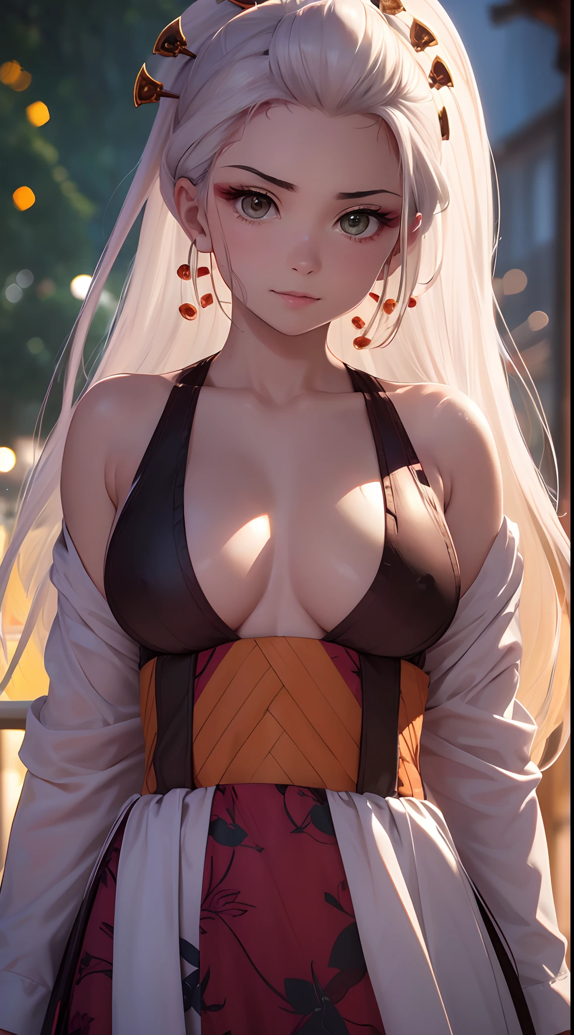 Daki, ( upper body closeup shot ), ( Bokeh effect ), ( cowboy shot ), ( best quality ), ( portrait ) , cute, seductive pose, masterpiece, 8k, wallpaper, ultra high quality, ultra high definition, ultra realistic