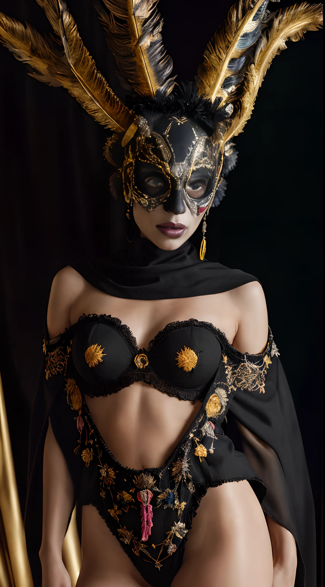 (Centerpiece : 1.2), Retro Mysterious, of mesmerizing beauty, Colorful Detailed Skeletons Ox Skull Mask, longue cape fluide, gold-embroidered designs, plumes, soie, Drape, Small Embroidered Lingerie Etam Style, dimly lit, Moody Lighting, Professional Photo Studio Decor