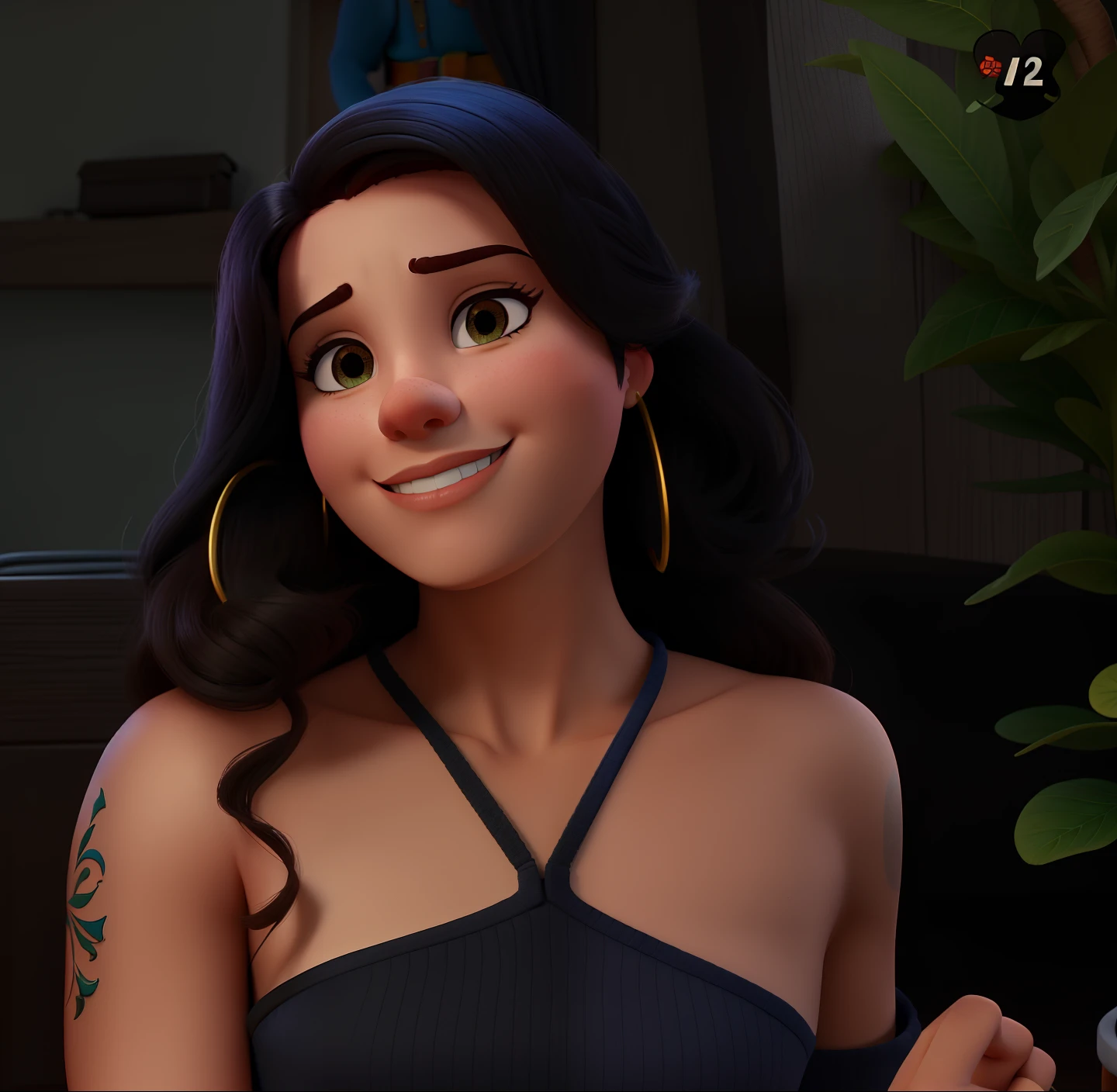 Uma mulher jovem, com cabelo cacheado, poster estilo pixar