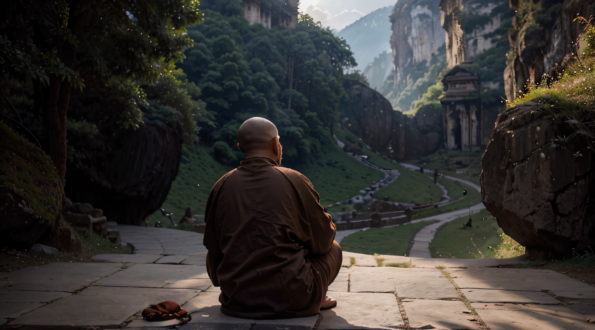 An old monk sits on a large rock,Extremely old monk,(Pray in a lotus pose),Buddhist monk meditation, On the road to enlightenment, Man has a deep connection with God, Zen meditation,brown robe,(Rear view),from back,rear angle,Big light,Buddhism,Beautiful image,epic cinematic shot,Ultra photo realsisim,8K,