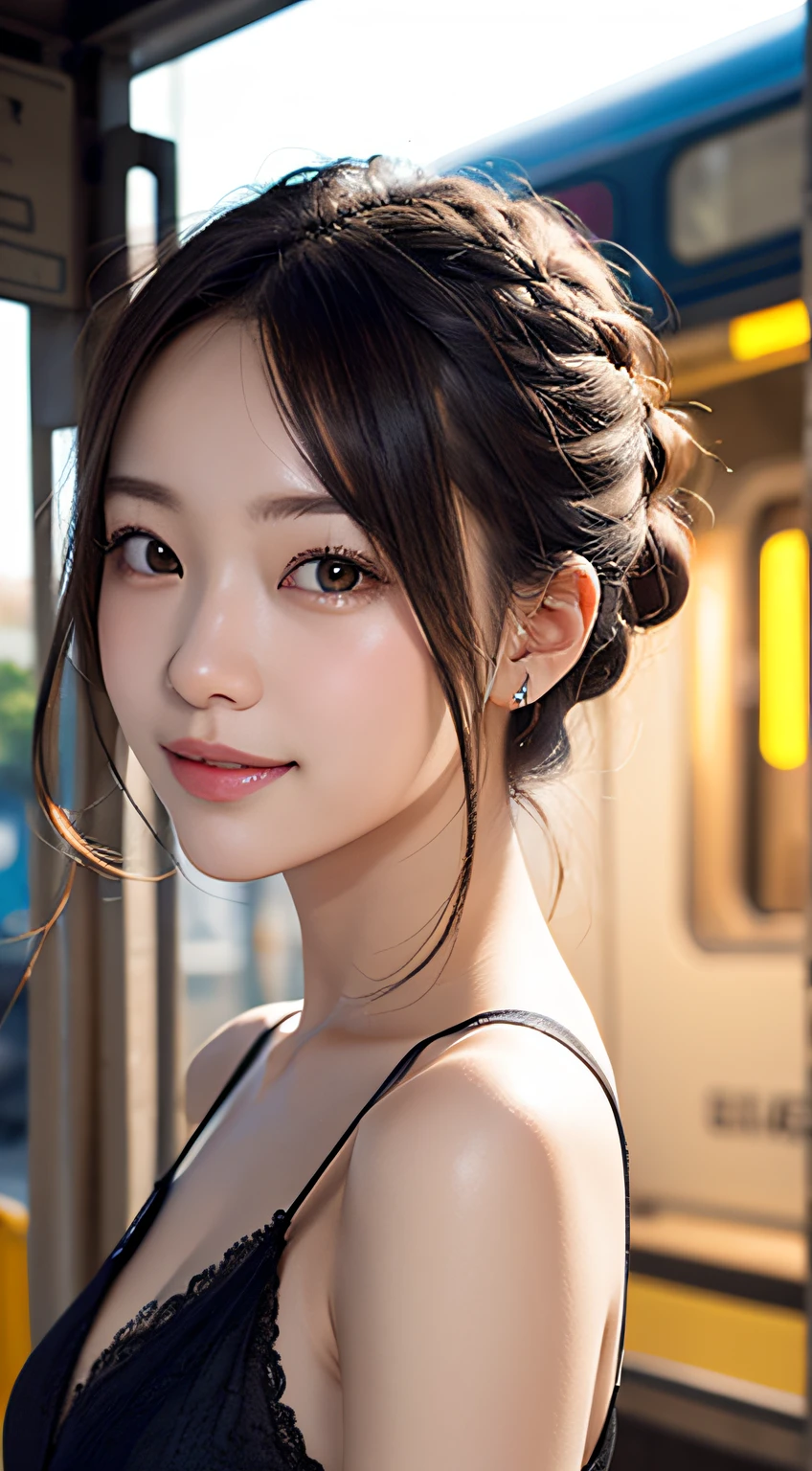 (8K、Raw photography、top-quality、​masterpiece:1.2)、(realisitic、Photorealsitic:1.37)、ultra-detailliert、超A high resolution、1人、see the beholder、beautifull detailed face、A smile、Constriction、(Slim waist) :1.3)、short-cut、Beautiful detailed skin、Skin Texture、Floating hair、Professional Lighting、Wait for the platform train、Mesh GL human body、Brown hair