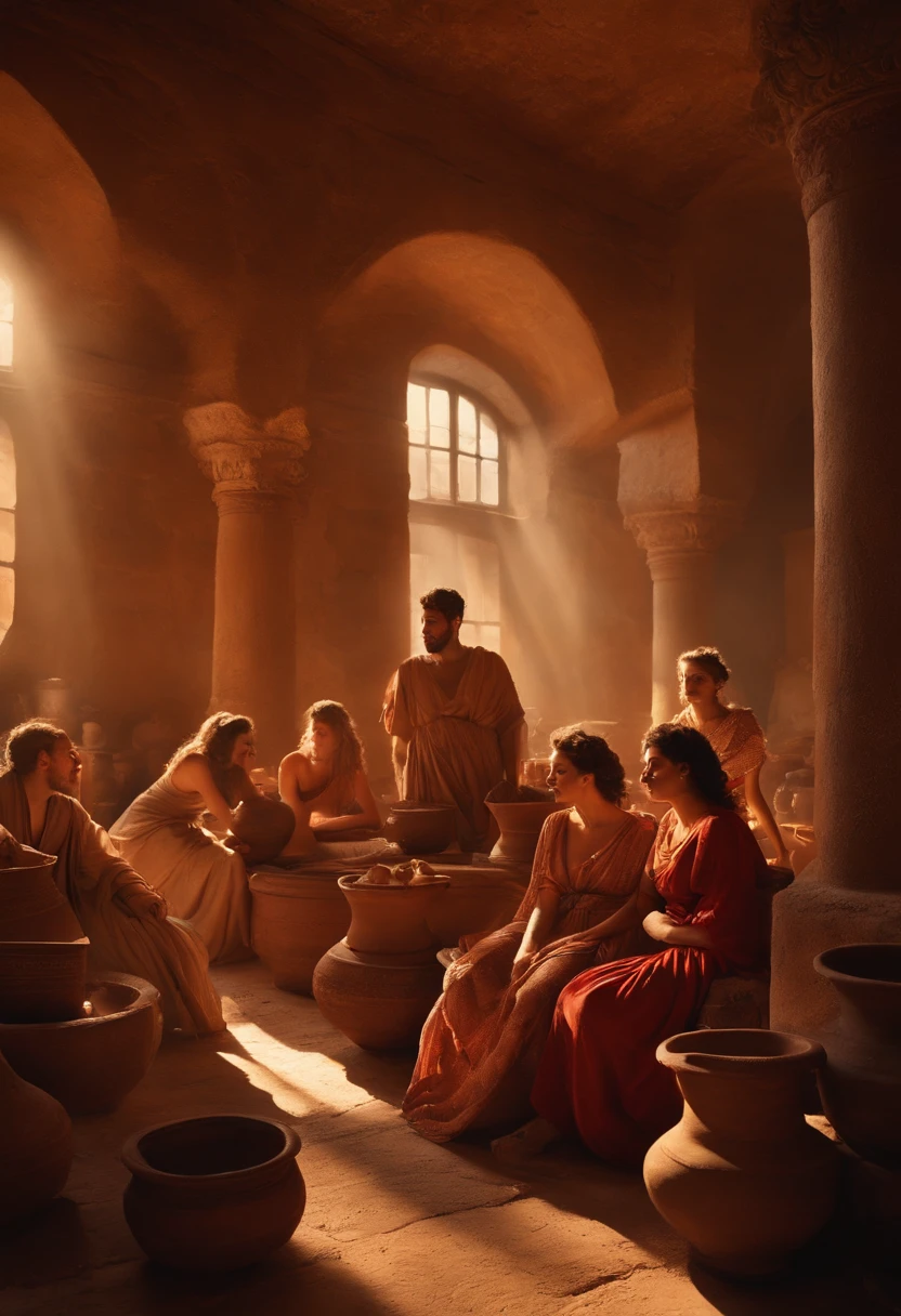 A crowded interior scene of an ancient Roman brothel, with intricate historic details. Women dressed in robes tending to men reclining on beds. Sunlight streams through windows with clay pots on sills.