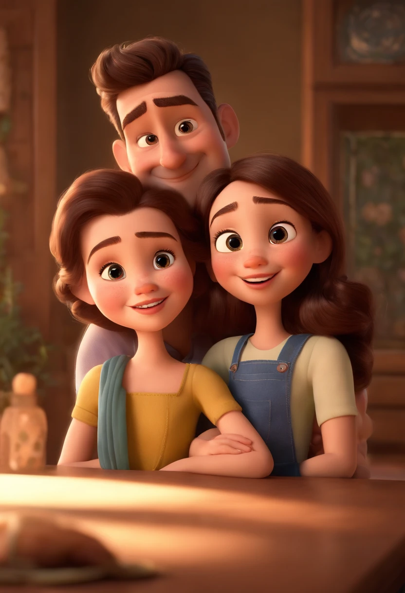 Disney Pixar characters showing a white-skinned family. The father is the tallest. The mother has brown eyes and hair, na altura dos ombros. The girl is 1 years old and has brown hair with hearts, roupa rosa. 3D-rendering