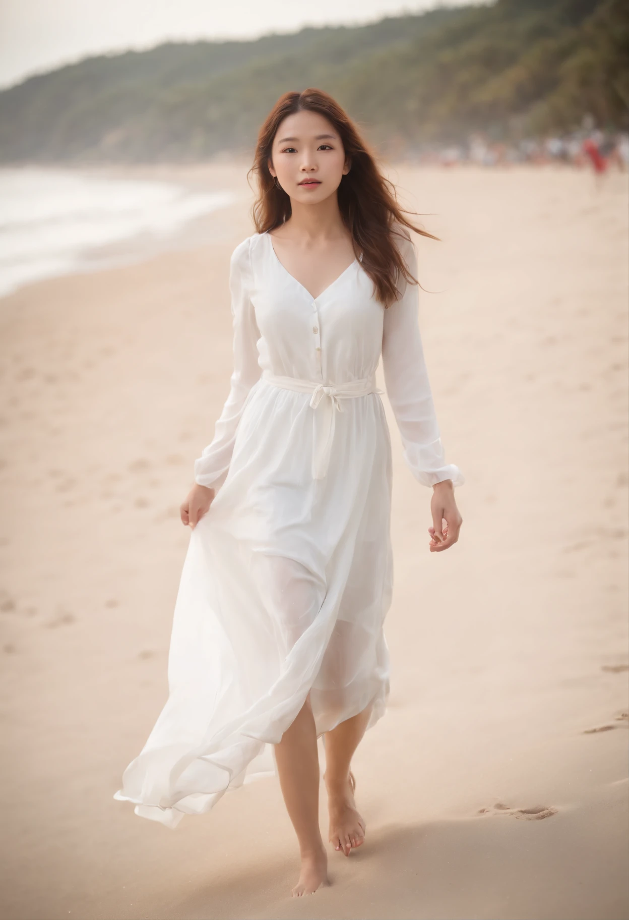 In the strong summer sun、A girl in a white dress is walking on the beach。