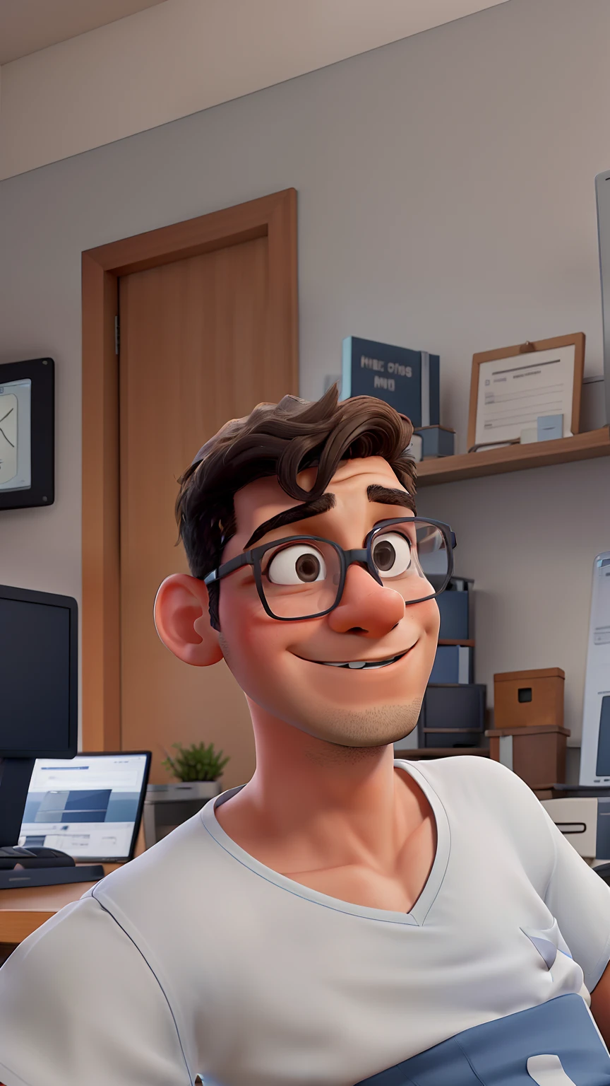 latin young man, 20's age, sitting in front of a computer desk in an office, neutral grey walls, neutral light, white t-shirt, blue jeans pants, white & blue nike sneakers, looking to camera, glasses in hands.