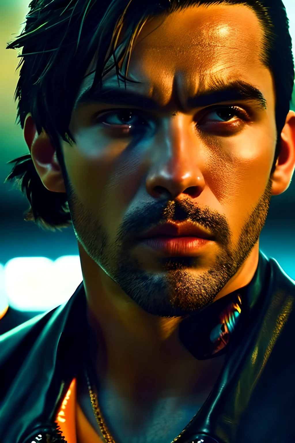 Film portrait, ((medium close-up)), Facing the audience, (Reality :1.3), the most beautiful art photo in the world, a man looking into the camera, modern biker clothes, biker party, beautiful face in detail, action shots, cyberpunk background, photorealistic, Daytime, Global lighting, CG, Art Station, Masterpiece, HD photography