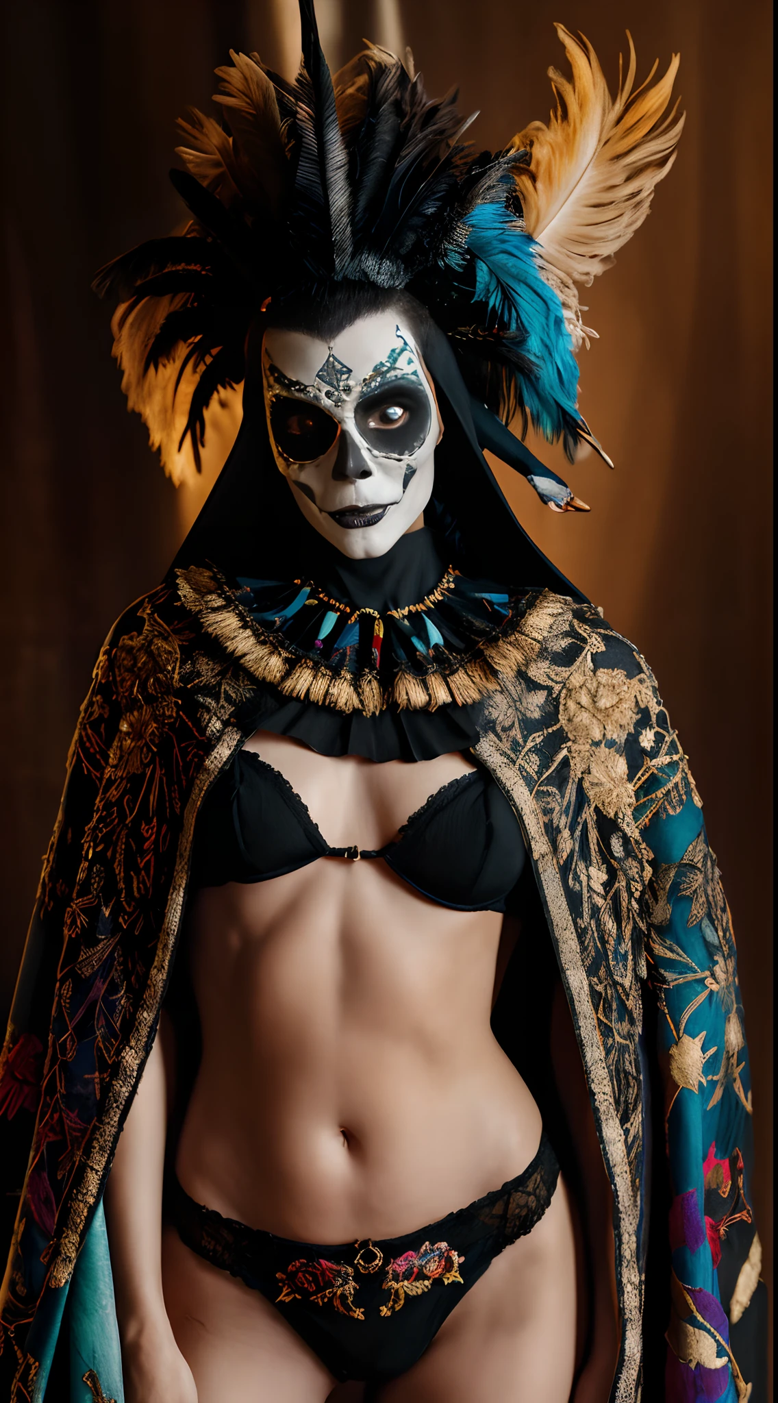 (Centerpiece : 1.2), Retro Mysterious, of mesmerizing beauty, Colorful Detailed Skeletons Ox Skull Mask, longue cape fluide, gold-embroidered designs, plumes, soie, Drape, Small Embroidered Lingerie Etam Style, dimly lit, Moody Lighting, Professional Photo Studio Decor