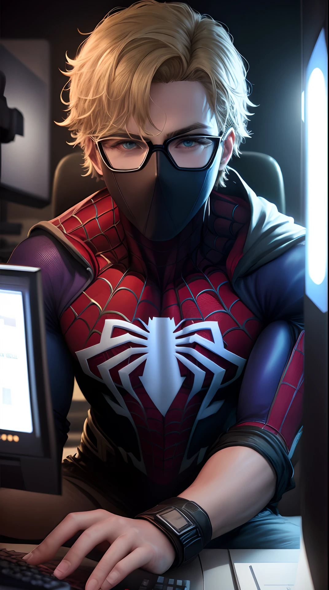 Masque de joueur Spider-Man , Portraits of Men with Dark Glasses, Colour of clothing: noir & Violet, cheuveux blond Gros plan, backlight, ultrarealistic, Ray Tracing, Shadow and dappled light, (Warm cinematic lighting:1) (volumetrics:1) assis dans une chaise gaming devant un setup gaming, violet, fleurir, cartographie des photons, radiosity, Masterpiece, Best quality, noir avec des lunettes