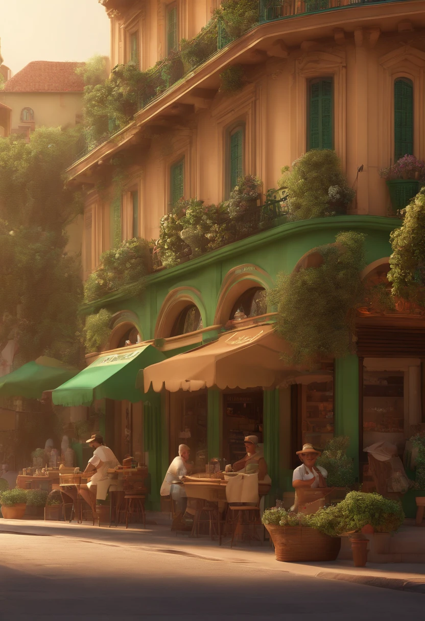 Desenho em estilo 3D da Pixar de uma sorveteria com o nome Las'Paletas Brasil, com cores verde, marrom e creme no centro da cidade.