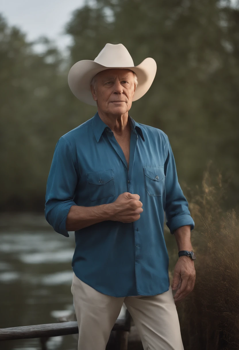 1man, 70yr old, elderly, white and black hair, azure blue big eyes, Lake, Solo Focus Facial, white shirt, a handsome, Realistic, The dynamic pose is realistic, Detailed and correct facial structure, Leon S. Kennedy, a handsome, Extremely detailed, Dynamic Angle, cowboyshot, The Most Beautiful Shape, elegant, bright colours, romanticism, James Jean, roby dwi antono, by Ross Tran, francis bacon, michal mraz, adrian ghenie, petra cortright, gerhard richter, takato yamamoto, ashley wood, atmospheric