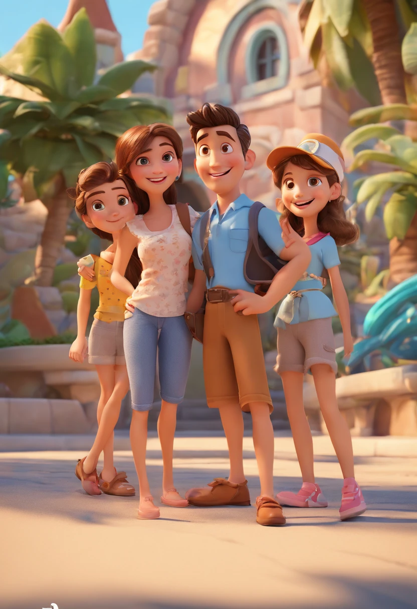 Cartoon of friends having fun on vacation together,  3D Animation Movie Poster, Poster de filme animado, pixar 3 d animation style, pixar renderman rendering, maia 8 mil, animated film, Disney Pixar Estilo 3D, amigos felizes saem juntos, all wearing light blue shirts and cream brown long pants, camisa azul clara, cream brown pants, ao ar livre, vacation, Disney Pixar Animation Poster
