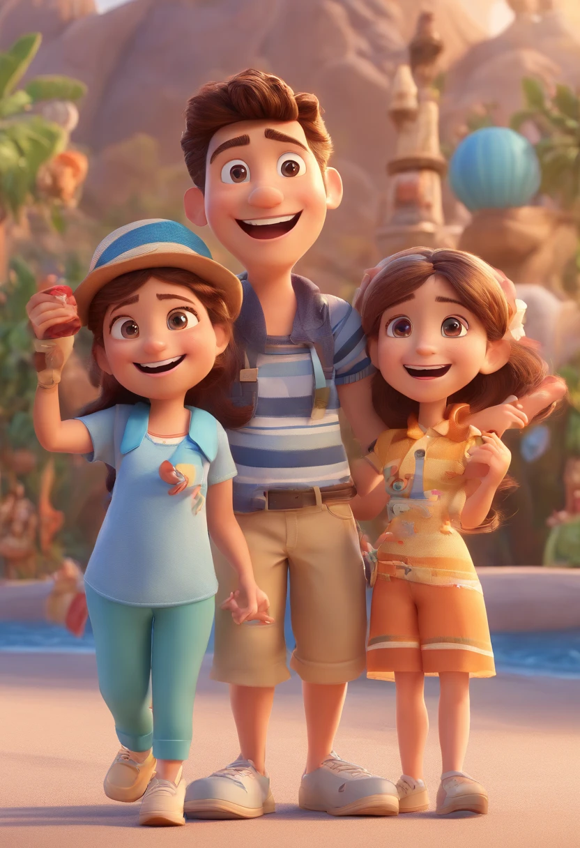 Cartoon of friends having fun on vacation together, 3D Animation Movie Poster, Poster de filme animado, pixar 3 d animation style, pixar renderman rendering, maia 8 mil, animated film, Disney Pixar Estilo 3D, amigos felizes saem juntos, all wearing light blue shirts and cream brown long pants, camisa azul clara, cream brown pants, ao ar livre, vacation, Disney Pixar Animation Poster
