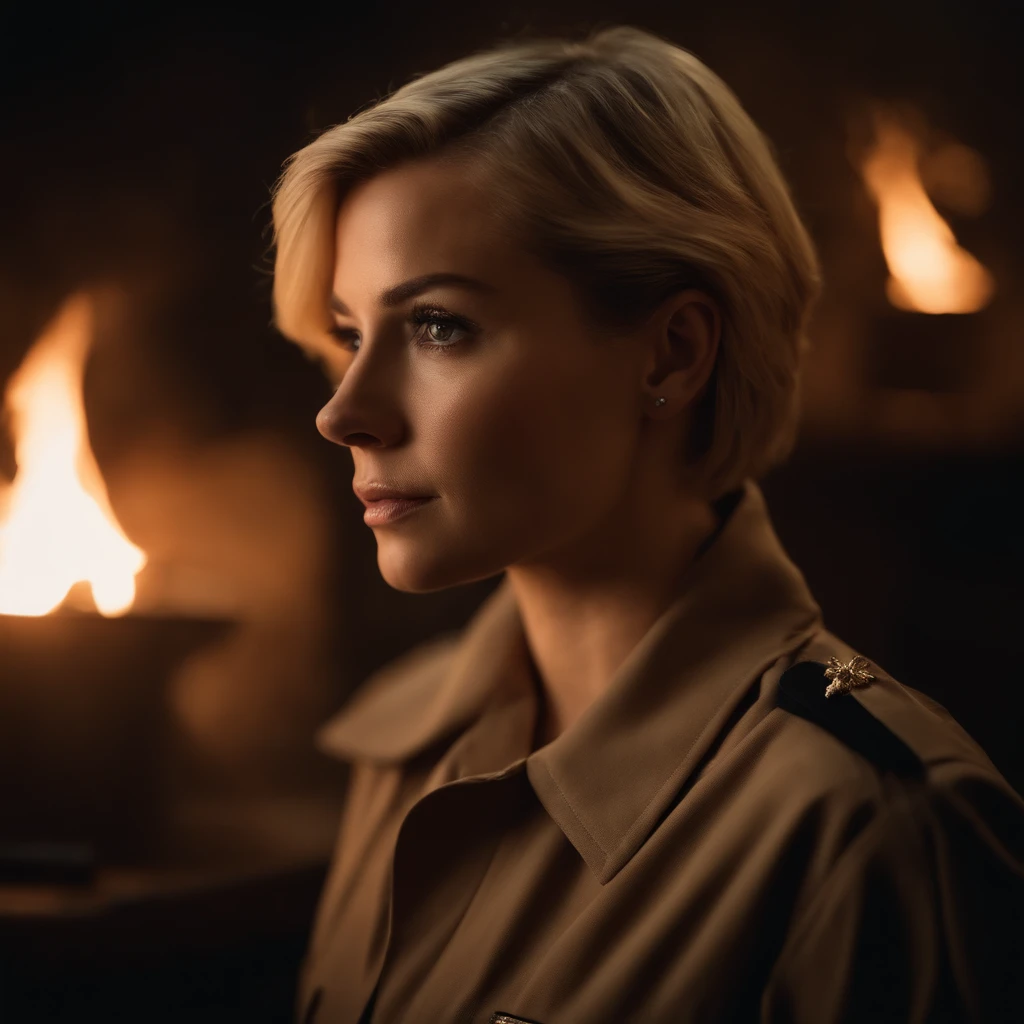 blonde, woman, short hair, tomboy, 30s, portrait, minerals, uniform, intense, brown eyes, dark room, embers