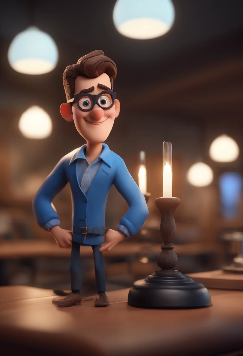 Cartoon character of a man with black glasses and a blue shirt, animation character, Caractere estilizado, animation style rendering, 3D estilizado, Arnold Maya render, 3 d render stylized, toon render keyshot, Personagem 3D, Personagem 3D, 3d rendering stylized, 3 d character render, personagem de desenho animado, Personagem de close up, Pose de personagem,  (Estilo Pixar) (master part:1.2) (Bokeh) (best quality) (pele detalhada) (textura detalhada) (8k) (argila) (Cinematic lighting) (foco nítido