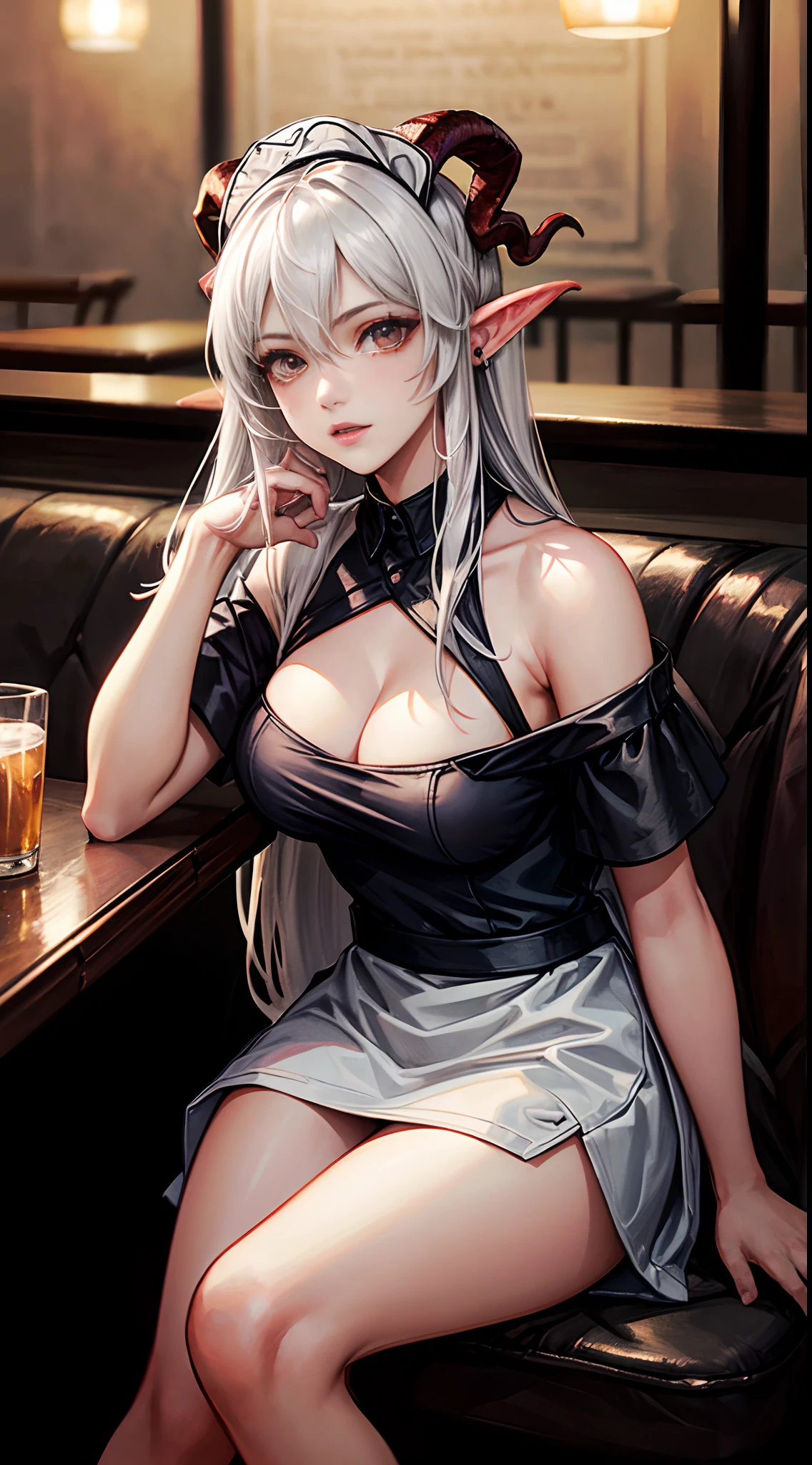 (working in a bar as waitress, wearing waitress dress:1.3), (sitting next to table and simle:1.3), female devil with the horns, fire as background, White color hair, Off-the-shoulder attire, masterpiece, (high detail, high quality:1.2), Rough face, seductive, sexy pose, fashion model posing, Large breasts, Natural skin, beautiful eyes, (Detailed face and eyes:1.2), (the face: 1 2), noises, Extra, real photograph, PSD, Lamp film photography, sharp focus, contrasty lighting, Delicate skin, High resolution 8K, insanely details, realistic-lying, professional photo shooting, 8K UHD, SLR camera, soft lighting, high high quality, film-grain, Fuji film XT3