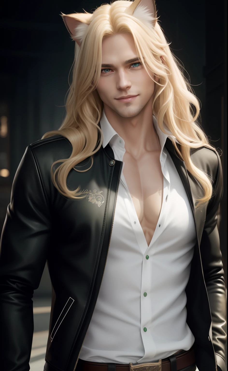 Black jacket, one male, cat ears, long hair, blond, blond hair, green eyes, tall, muscular, white shirt, beautiful face, highest quality, masterpiece, 2d, anime, perfect face, highest detail, feline eyes, stubble, cat tail, wavy hair, cowboy shot, detailed face, intricate details, smile,