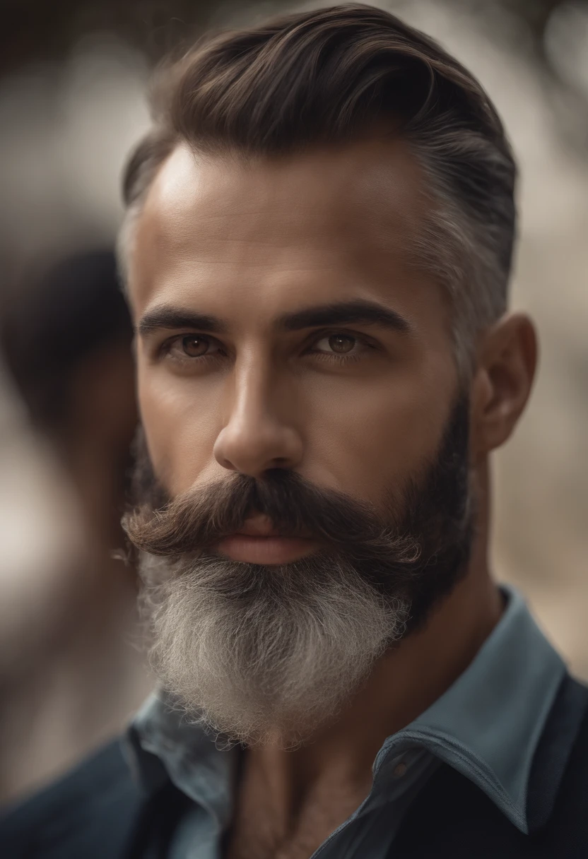 Homem brasileiro musculoso com barba e bigode na camisa branca, best quality,4k,8k,homem muito atraente com barba, pelos faciais bem cuidados, FOFO, breath-taking, Realista, imagem ultrarrealista, Bigode Natural, macho velho,foto retrato suave 8 k, retrato muito detalhado, bigode grosso, estilo hiper-realista, barba fina e brilhante, pelos faciais curtos, Bartstoppeln, FOFO, rosto detalhado, retrato ultra realista, cabelos grisalhos,terno elegante, boca aberta,