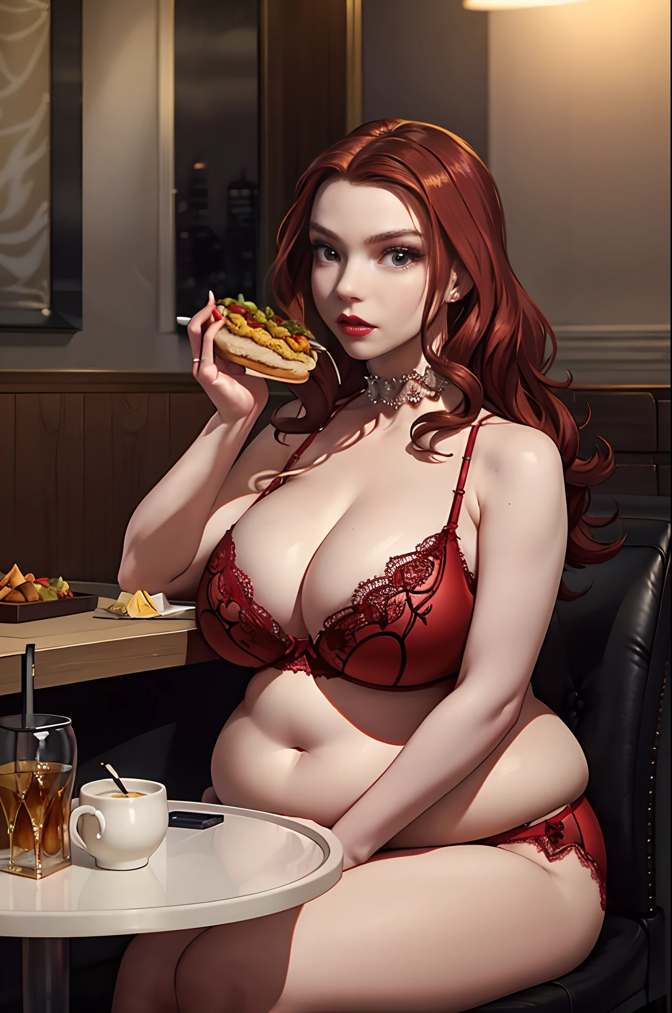 Masterpiece, realistic, detailed, studio lighting, Anya Taylor-Joy, long red hair, red luscious lips, at fancy restaurant, customers eating at restaurant in background, sitting at table, table full of food, eating food, wearing red lace bra, wearing red lace panties, wearing choker, sexy pose, huge breasts, (huge breasts:1.5), cleavage, chubby belly, (chubby belly:1.5),