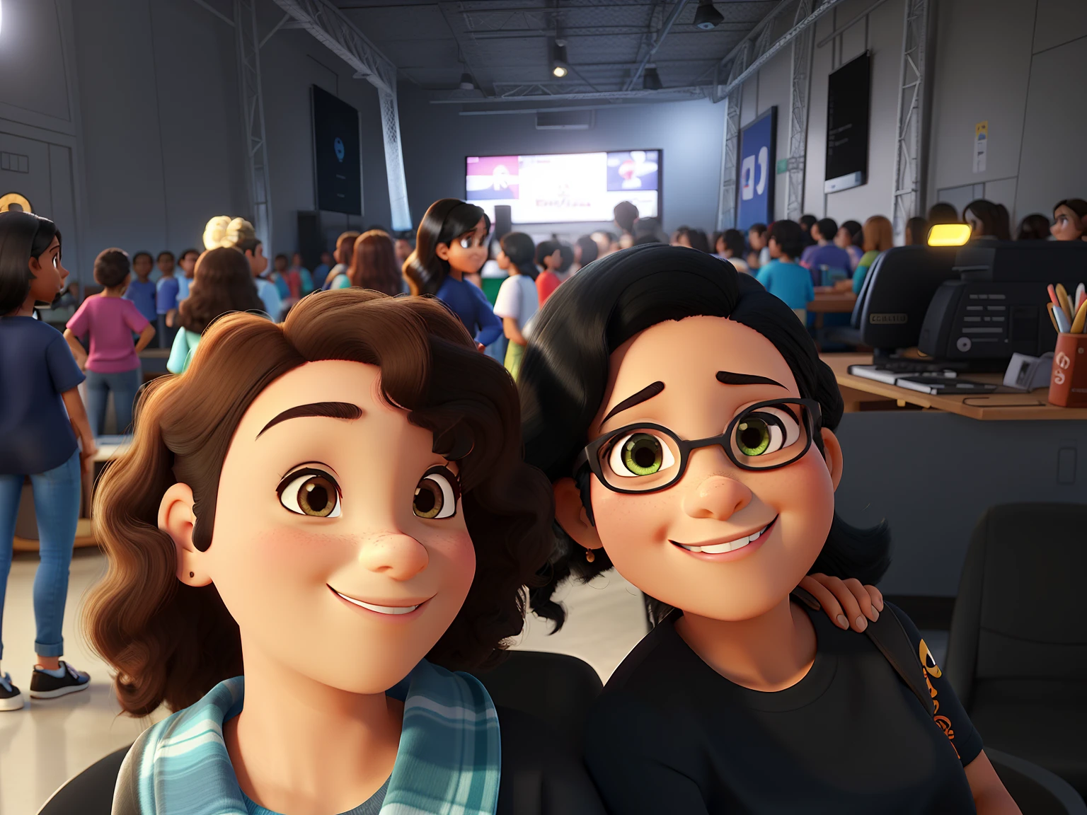 Estilo Pixar, foto com 2 pessoas, mulheres, sendo uma de 13 anos, pele branca, cabelo ondulado curto e a outra mulher 40 anos, pele negra , cabelo ondulado curto.