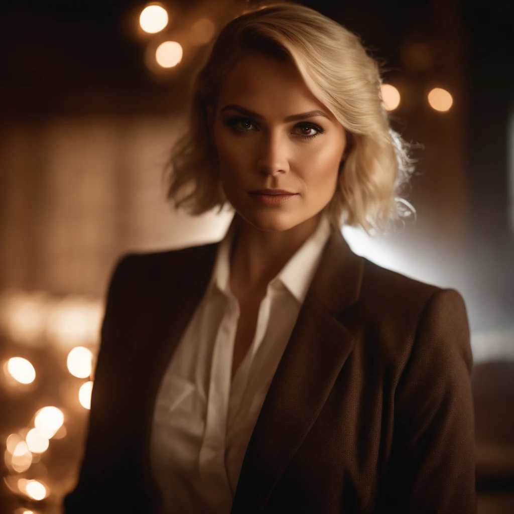 blonde, woman, short hair, 30s, portrait, minerals, suit, intense, brown eyes, dark room, sparks