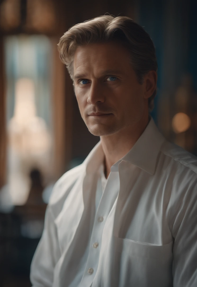 1man, 60 yr old, elderly, Light-brown hair, azure blue big eyes, Lake, Solo Focus Facial, white shirt, a handsome, looking into camera, Realistic, The dynamic pose is realistic, Detailed and correct facial structure, Leon S. Kennedy, a handsome, Extremely detailed, Dynamic Angle, cowboyshot, The Most Beautiful Shape, elegant, bright colours, romanticism, James Jean, roby dwi antono, by Ross Tran, francis bacon, michal mraz, adrian ghenie, petra cortright, gerhard richter, takato yamamoto, ashley wood, atmospheric