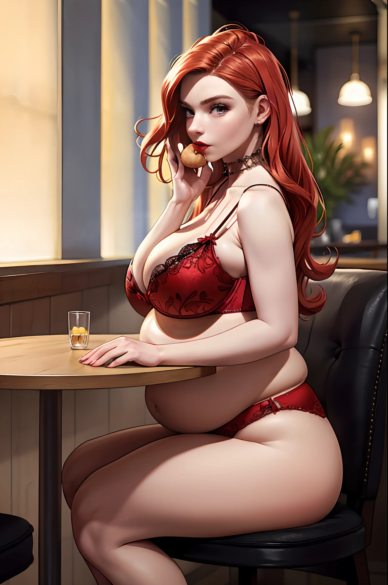 Masterpiece, realistic, detailed, studio lighting, Anya Taylor-Joy, long red hair, red luscious lips, at fancy restaurant, customers eating at restaurant in background, sitting at table, table full of food, eating food, wearing red lace bra, wearing red lace panties, wearing choker, sexy pose, huge breasts, (huge breasts:1.5), cleavage, chubby belly, (chubby belly:1.5),
