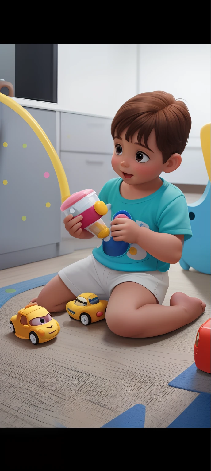 A fair-skinned, brown-haired playing on the floor with his Disney pixar-style rubber car